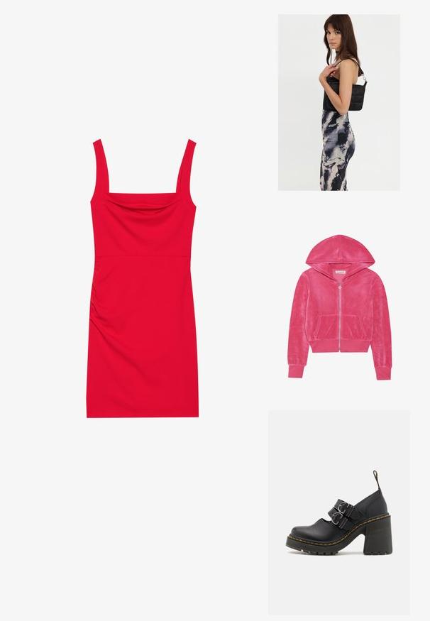 Lyserød fløjlszip-hoodie med frontlommer, ribbede ærmer og hætte, lagt fladt på en hvid baggrund.; Rød ærmeløs kjole med firkantet halsudskæring, rynket detalje i siden og en tætsiddende silhuet. Stoffet virker glat og elastisk.; Sorte højhælede sko med en tekstureret sål, der har to sølvspænder, gul syning og en løkke bagpå for nem påtagning.; Sort quiltet skuldertaske med en enkelt rem og sølvhardware, parret med en tætsiddende kjole med tie-dye mønster i nuancer af sort og creme.