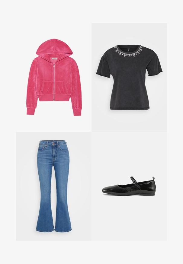 Hoodie rose en velours avec fermeture éclair, poches avant, poignets côtelés et capuche, posé à plat sur un fond blanc.; T-shirt noir à manches courtes avec un col rond, présentant une embellisssance décorative en perles le long du col et un design à coupe décontractée.; Jeans évasés bleu clair avec une taille haute, en denim. Comprend deux poches avant et une fermeture à bouton à la taille.; Chaussure plate en cuir verni noir avec un bout pointu, une sangle de cheville avec boucles, et une texture lisse et brillante. Talon bas pour le confort.