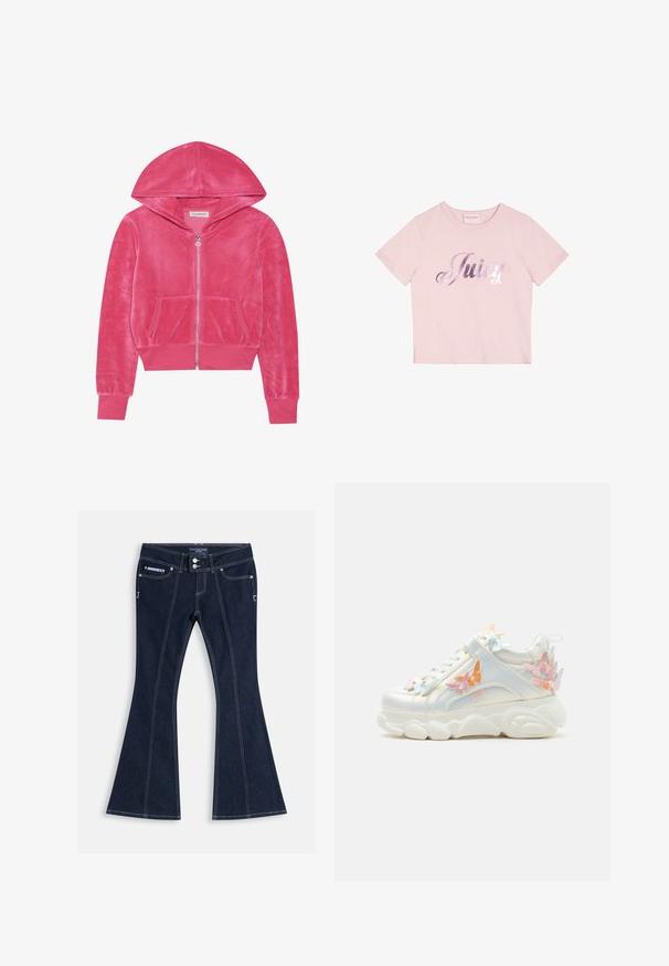 Lyserød fløjlszip-hoodie med frontlommer, ribbede ærmer og hætte, lagt fladt på en hvid baggrund.; Lyserød t-shirt med korte ærmer lavet af bomuld, med en metallisk sølvskrift "Juicy" på forsiden. Enkel rund halsdesign.; Mørkeblå vidde jeans med hvide syninger, forlommer, bæltestropper og to sølvknapper i taljen.; Hvid chunky sneaker med tyk sål, dekoreret med pastelrosa, orange og blå butterfly-applikationer på sider og hæl.