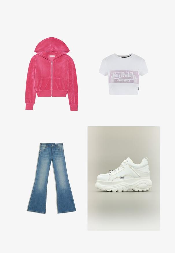 Lyserød fløjlszip-hoodie med frontlommer, ribbede ærmer og hætte, lagt fladt på en hvid baggrund.; Hvid cropped t-shirt med korte ærmer, der har et pink rhinesten logo grafisk tryk på tværs af brystet. Glat bomuldsstof.; Blå denimjeans med flared ben, forlommer og knaplukning, vist mod en hvid baggrund.; Hvid platformsneaker med tyk klodset sål, snørebånd foran og Buffalo-brandlogo på siden, vist fra ydersiden.