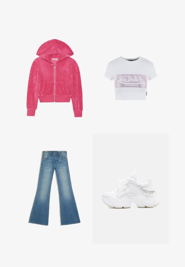 Hoodie rose en velours avec fermeture éclair, poches avant, poignets côtelés et capuche, posé à plat sur un fond blanc.; T-shirt blanc court à manches courtes, avec un graphique logo en strass rose sur la poitrine. Matériau en coton lisse.; Jean en denim bleu avec une jambe évasée, des poches avant et une fermeture à boutons, présenté sur fond blanc.; Baskets blanches épaisses avec semelle épaisse, devant à lacets et détail chaîne avec perles pendantes sur le talon.