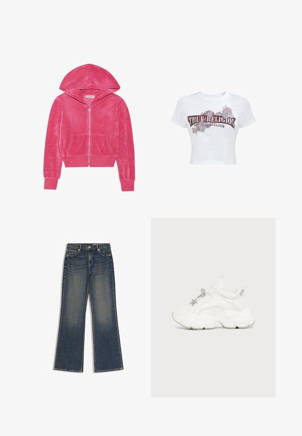 Roze fluwelen hoodie met ritssluiting, voorzakken, geribde manchetten en een capuchon, plat gelegd op een witte achtergrond.; Witte cropped T-shirt met korte mouwen met de tekst "True Religion Brand Jeans" en bloemmotieven in rood, roze en groen aan de voorkant.; Donkerblauwe denim jeans met een hoge taille, rechte brede pijpen, een knopen- en ritssluiting aan de voorkant, en een ontwerp met vijf zakken.; Witte chunky sneaker met dikke zool, vetersluiting aan de voorkant en zilveren ster- en kraaldecoraties op de veters en hieltab.