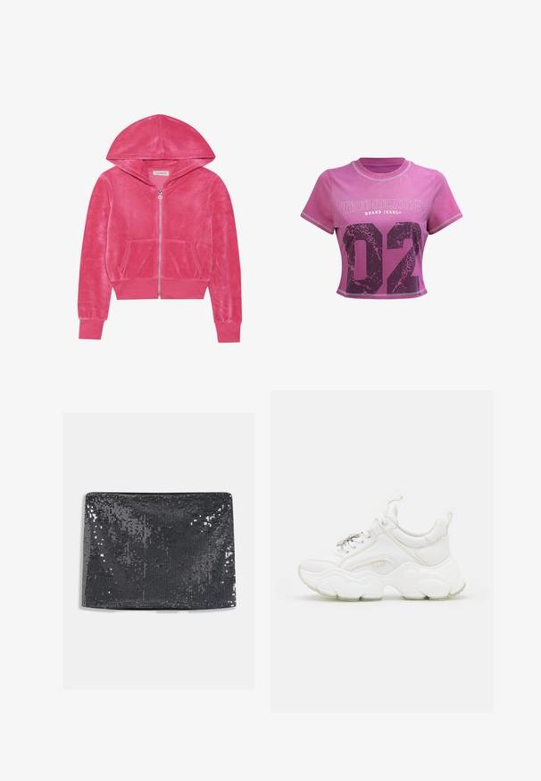 Roze fluwelen hoodie met ritssluiting, voorzakken, geribde manchetten en een capuchon, plat gelegd op een witte achtergrond.; Korte roze cropped t-shirt met contrasterende stiksels, voorzien van een grafisch "TRUE RELIGION" logo en grote zwarte "02" opdruk op de voorkant.; Zwarte pailletten clutch met een rechthoekige vorm, met een gladde textuur en reflecterende pailletten die het oppervlak bedekken voor extra glans.; Witte chunky sneakers van leer en mesh-materialen, met een dikke zool, ronde neus en decoratieve veters. Licht gemêleerde accenten.