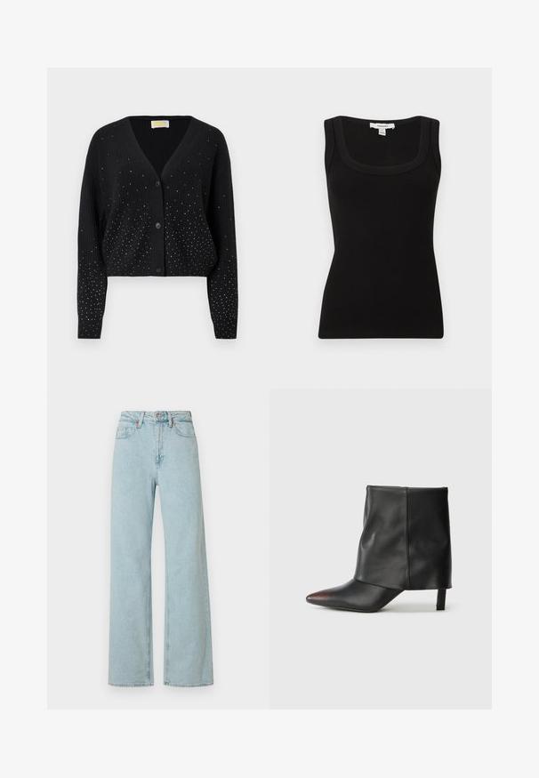Gilet noir à côtes avec décolleté en V, trois boutons et petites clous en argent dispersés sur le devant et les manches pour un effet scintillant.; Débardeur noir côtelé sans manches avec encolure carrée, coupe ajustée, et étiquette Topshop au niveau du col arrière.; Jean en denim bleu clair taille haute avec jambes larges, fermeture avant par bouton et fermeture éclair, passants de ceinture et design à cinq poches.; Bottine noire en cuir lisse avec un bout pointu et un talon effilé. La tige présente un design légèrement froncé.