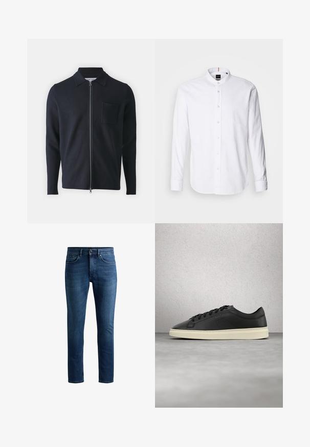 Pull zippé marine avec col, manches longues et poche poitrine. Fabriqué à partir d'un tissu doux avec une texture lisse.; Chemise blanche à manches longues avec col bande, boutonnière à l'avant et ourlet arrondi. Fabriquée en coton, elle présente une texture lisse et un léger éclat.; Jeans en denim bleu foncé avec une coupe droite, cinq poches et une ceinture robuste dotée d'une fermeture à bouton et d'un zip.; Baskets en cuir noir avec un bout arrondi, des lacets plats et une semelle en caoutchouc couleur crème, présentant un logo discret et une texture lisse.