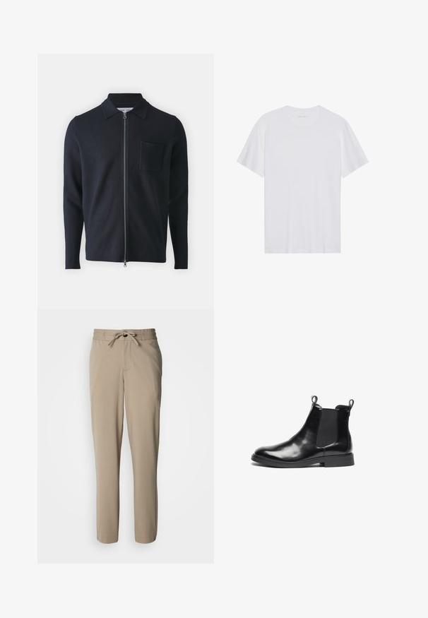 Pull zippé marine avec col, manches longues et poche poitrine. Fabriqué à partir d'un tissu doux avec une texture lisse.; T-shirt en coton blanc à manches courtes, col rond et texture lisse. Présente un branding minimal au niveau du col.; Pantalon beige en tissu doux, doté d'une taille à cordon de serrage et d'une coupe décontractée, avec des jambes droites et sans poches visibles.; Botte Chelsea en cuir noir poli avec des panneaux élastiques sur les côtés, bout arrondi, languettes au niveau de la cheville et petit talon plat sur fond blanc.