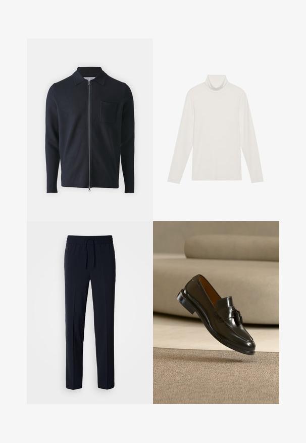 Pull zippé marine avec col, manches longues et poche poitrine. Fabriqué à partir d'un tissu doux avec une texture lisse.; Haut à col roulé à manches longues en blanc. Tissu doux et extensible avec une silhouette ajustée. Présente un col haut et un minimum de couture.; Pantalons légers bleu marine avec une taille élastique et un cordon de serrage réglable, présentant un design coupe droite et une texture lisse.; Mocassin en cuir noir avec pompons flottant au-dessus d'un tapis beige avec un canapé beige en arrière-plan.