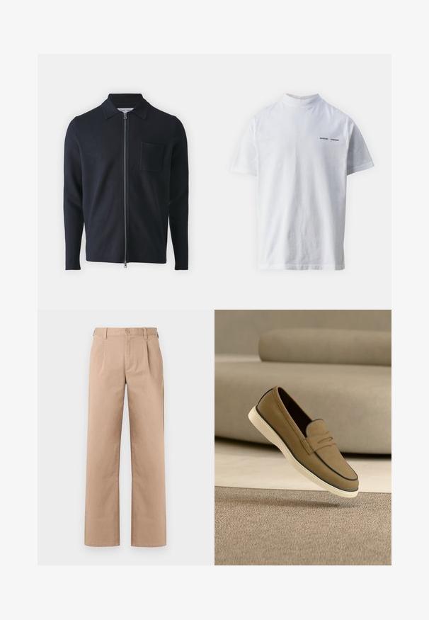 Pull zippé marine avec col, manches longues et poche poitrine. Fabriqué à partir d'un tissu doux avec une texture lisse.; T-shirt en coton blanc avec un col haut et des manches courtes. Présente le logo "SAMSØE SAMSØE" en noir sur le devant. Texture lisse.; Pantalon beige à jambe droite avec passants de ceinture, fermeture à bouton et zip à l'avant, et plis subtils sous la taille.; Mocassin en daim marron clair avec semelle blanche flottant au-dessus d'un tapis beige, canapé aux tons neutres en arrière-plan flou.