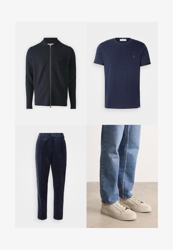 Pull zippé marine avec col, manches longues et poche poitrine. Fabriqué à partir d'un tissu doux avec une texture lisse.; T-shirt bleu marine à manches courtes en coton doux, avec un col rond et une petite broderie orange "II" sur la poitrine.; Pantalons en velours côtelé marine avec une texture lisse, dotés de plis, d'une taille haute et d'une jambe fuselée, conçus pour une coupe ajustée.; BOSS GARYTENN_SDHDEL - Baskets basses - natural ten