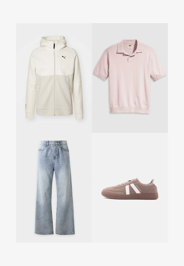 Vaalean beige vetoketjullinen huppari, jossa on huppu, suunniteltu kermaisten paneelien kanssa, korkea kaulus, kaksi vetoketjullista taskua ja musta logo rinnassa.; Vaaleanpunainen lyhythihainen poolopaita, jossa kaulus, yksittäinen napituslista ja resorit hihansuissa ja helmassa.; Vaaleansiniset korkeavyötäröiset leveälahkeiset farkut, joissa on etutaskut, napitettava kiinnitys ja haalistunut pesu reisien ja polvien kohdalla.; Rentoon ruskea mokkanahkainen lenkkari, jossa valkoiset raidat, nauhallinen malli, kuvioitu pohja ja "JACK & JONES" -brändäys sivulla.