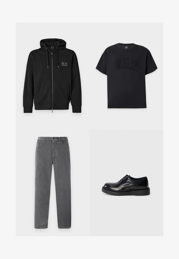 Haut à capuche zippé noir avec poches avant, cordon de serrage à la capuche et petit patch logo doré Armani Exchange sur la poitrine gauche.; T-shirt noir à manches courtes avec logo "GAP" texturé noir en relief centré sur le devant et col rond.; Pantalon en velours côtelé gris avec une coupe droite, comportant deux poches avant, une fermeture à boutons et des côtes verticales texturées.; Chaussure en cuir noir à lacets avec un bout rond, surface lisse et une semelle en caoutchouc épaisse dotée de légers rainurages pour une meilleure adhérence.
