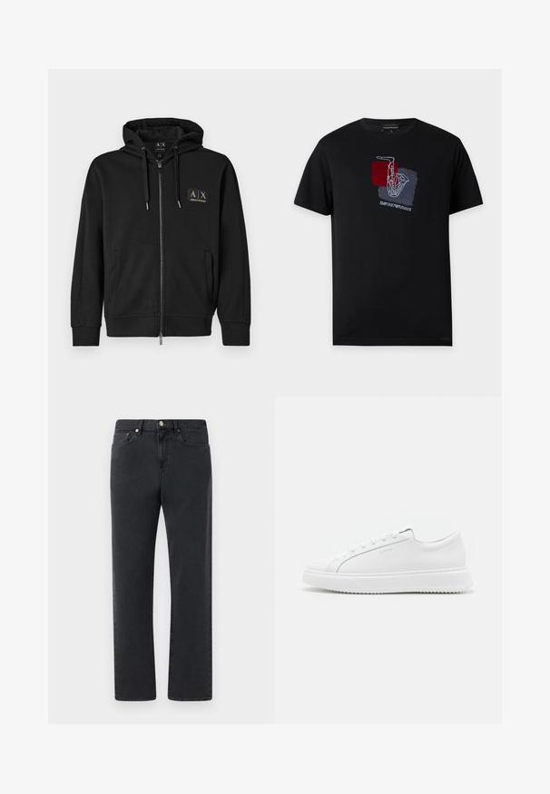 Sort zip-up hoodie med frontlommer, snoretræk i hætten og lille guld Armani Exchange logo-patch på venstre bryst.; Sort T-shirt med korte ærmer med en hvid saxofontegning over røde og blå firkanter og Emporio Armani-logoet under designet.; Sorte denimjeans med et lige bendesign, fem lommer og metalhardware-accenter. Stoffet har en glat, let struktureret finish.; Hvide sneakers lavet af glat syntetisk materiale. Har et lavt design, forhøjet hvid sål, rund tå og snørebånd foran med fem snøre-huller.