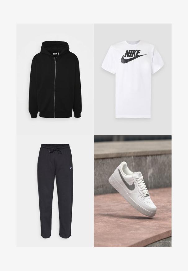 Haut à capuche zippé noir avec un cordon de serrage, poches avant, poignets côtelés et une texture de tissu lisse. Étiquette de marque centrale visible à l'intérieur.; T-shirt blanc à manches courtes avec logo Nike noir et swoosh centré sur la poitrine, sur un fond gris uni.; Pantalons de survêtement noirs en tissu doux, avec une taille élastique, un cordon de serrage et un petit logo Nike sur la cuisse gauche.; Baskets blanches Nike Air Force 1 avec logo swoosh gris flottant au-dessus d'une surface en pierre et un mur en pierre gris en arrière-plan.