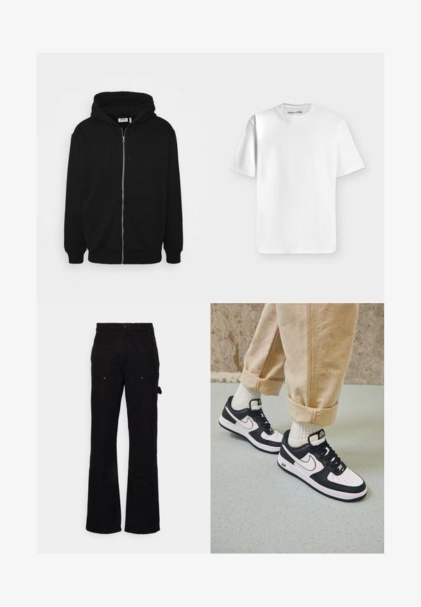 Haut à capuche zippé noir avec un cordon de serrage, poches avant, poignets côtelés et une texture de tissu lisse. Étiquette de marque centrale visible à l'intérieur.; T-shirt blanc uni à manches courtes et col rond, posé à plat sur un fond gris clair avec une petite étiquette de marque à l’intérieur du col.; Pantalons cargo noirs avec une coupe droite, dotés de deux poches avant et d'une poche latérale, fabriqués en tissu durable avec une texture subtile.; Baskets Nike Air Force 1 en noir et blanc avec un dessus en cuir, orteil perforé et détail de semelle texturée, portées avec un pantalon beige retroussé et des chaussettes blanches.
