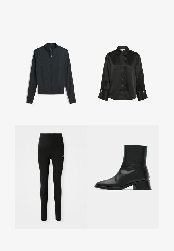 Veste noire zippée avec manches longues, dotée d'un col montant et de poches latérales. Tissu lisse avec un design ajusté et sans motifs visibles.; Chemise noire en satin à manches longues boutonnée avec col pointu et boutons de manchette décoratifs sur chaque manche.; Leggings noirs en matériau extensible avec une taille haute, présentant un petit logo Adidas blanc sur la jambe gauche. Texture lisse.; Bottine noire en cuir brillant, au design épuré, avec un bout pointu et un petit talon bloc pour plus de stabilité.