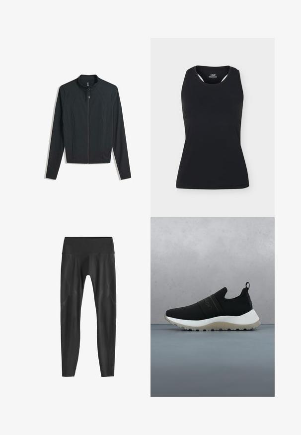 Sort zip-jakke med lange ærmer, der har en høj krave og sidelommer. Glat stof med en tætsiddende pasform og uden synlige mønstre.; Sort ærmeløs sportstanktop med rund halsudskæring og bryderryg, vist på ensfarvet lyst baggrund.; Sorte leggings med høj talje, lavet af strækbart materiale med et subtilt struktureret mønster langs siderne. Formtilpasset design.; Sort slip-on træningssko med hvid sål og tekstureret greb, svævende over en trætæppeflise ude i det fri nær grønne planter.
