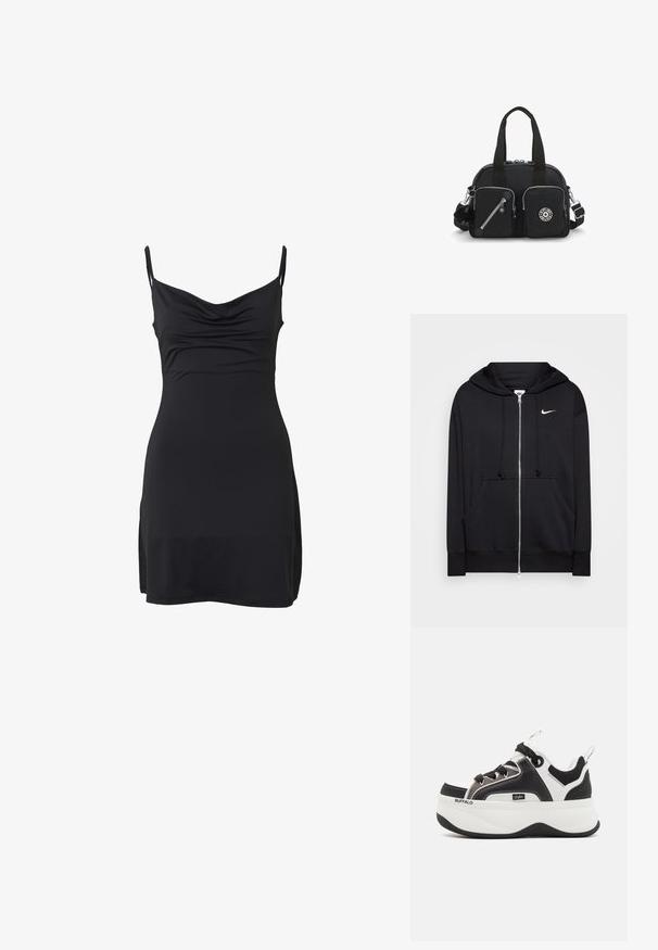 Zwarte rits hoodie van zacht materiaal, voorzien van een capuchon, zakken aan de voorkant, geribde manchetten en een klein wit Nike-logo op de borst.; Zwarte mouwloze mini-jurk met dunne bandjes en een licht geplooide halslijn, plat getoond tegen een witte achtergrond.; Platform sneakers met een zwart-wit ontwerp, gaasaccenten, textuurdetails en een prominent logo op de zijkant.; Kipling DEFEA HERITAGE KHER - Handtas - rapid black