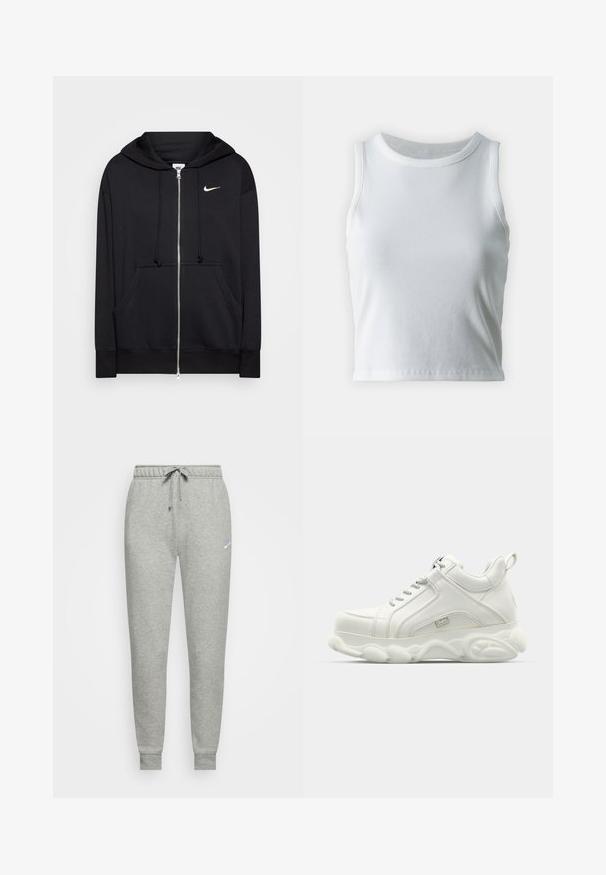 Mustikas värvi tõmblukuga kapuutsiga sviiter, millel on pehme kangas, ees taskud, ribatega mansetid ja rindkeres väike valge Nike logo.; Valge ribadega kampsun, ümarate kaelustega ja ilma varrukateta, sirge äärisega ning sileda, veniva struktuuriga.; Hallid hallid dressipüksid pehmest kangast, millel on elastne vöökoht koos nööriga, soonikkoes ääred ja väike logo vasakul reie peal.; Valged sportlikud tõuksid siledast nahast pealmisega, ümarate tallatega ja tekstuursete detailidega. Omab nööre ja tõmbeosa taga.