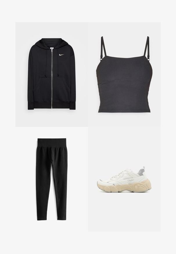 Schwarze Zip-Hoodie aus weichem Stoff, mit Kapuze, Fronttaschen, gerippten Bündchen und einem kleinen weißen Nike-Logo auf der Brust.; Schwarzes geripptes Trägertop mit dünnen verstellbaren Trägern und taillierter Passform, das eine glatte Textur und einen geraden Halsausschnitt aufweist.; Schwarze, gerippte Leggings mit einem breiten, elastischen Bund. Der Stoff wirkt dehnbar und strukturiert und endet knapp über dem Knöchel.; Weißer Sneaker mit Obermaterial aus Mesh und glattem Leder, ausgestattet mit einem gepolsterten Schaft, einer strukturierten Gummisohle und dezenten metallischen Akzenten.