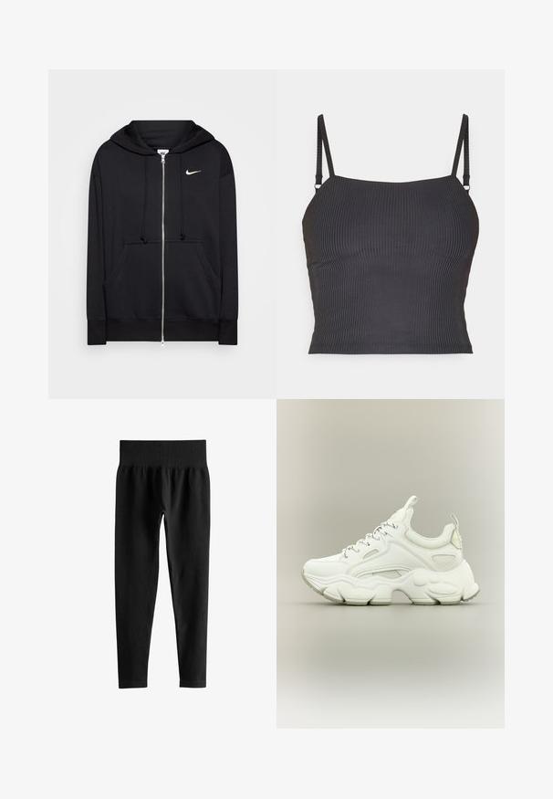 Sudadera con cremallera negra hecha de tejido suave, que cuenta con capucha, bolsillos frontales, puños acanalados y un pequeño logo blanco de Nike en el pecho.; Camiseta de tirantes delgados en color negro con textura acanalada y diseño ajustado, que presenta una textura suave y un escote recto.; Leggings negros acanalados de cintura alta con una ancha cinturilla elástica y piernas ajustadas de largo completo sobre un fondo blanco.; Zapatilla blanca gruesa con suela texturizada gruesa, parte superior de malla y cuero, cierre de cordones y lengüetas en la lengüeta y el talón.