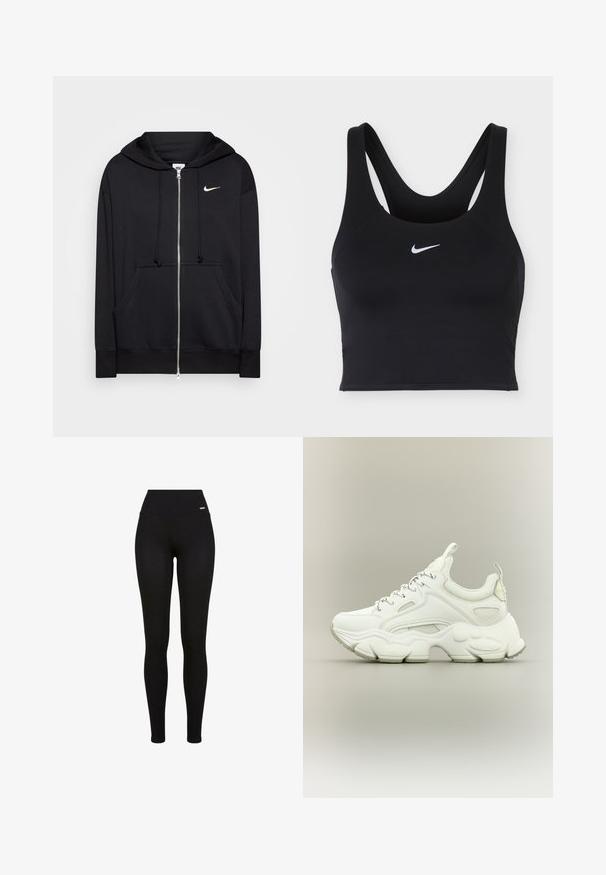 Čierna zipsová mikina z mäkkej tkaniny, s kapucňou, prednými vreckami, rebrovanými manžetami a malým bielym logom Nike na hrudi.; Čierna športová podprsenka Nike so širokými ramienkami a bielym logom Nike Swoosh uprostred vpredu.; Čierne legíny s vysokým pásom, elastickou tkaninou, hladkou textúrou a priliehavým strihom, vhodné na bežné nosenie alebo športové aktivity.; Biele robustné tenisky s hrubou textúrovanou podrážkou, sieťovinovým a koženým zvrškom, zapínanie na šnúrky a pútka na jazyku a päte.
