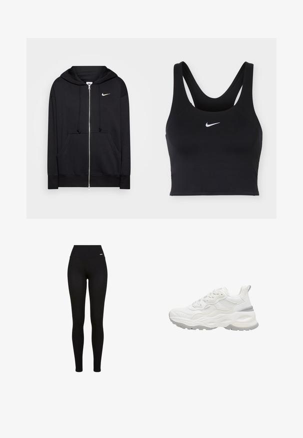 Black zip-up hoodie made of soft fabric, featuring a hood, front pockets, ribbed cuffs, and a small white Nike logo on the chest.; Black Nike sports bra with wide straps and white Nike swoosh logo centered on the front.; Black leggings featuring a high waistband, stretchy fabric, smooth texture, and a fitted design suitable for casual or athletic wear.; White chunky sneaker with textured sole, mesh and leather upper, lace-up closure, and pull tab on the heel against a white background.