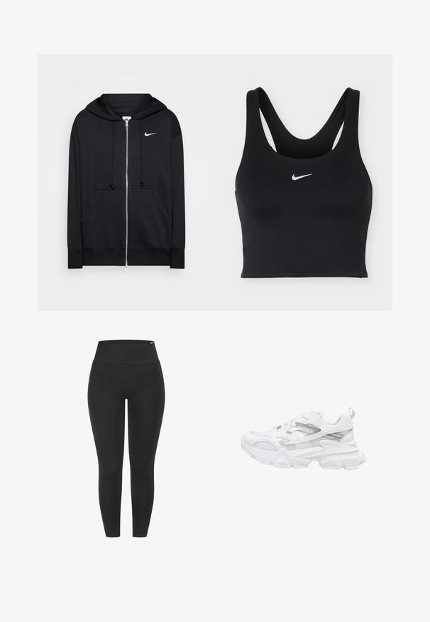 Schwarze Zip-Hoodie aus weichem Stoff, mit Kapuze, Fronttaschen, gerippten Bündchen und einem kleinen weißen Nike-Logo auf der Brust.; Schwarzer Nike Sport-BH mit breiten Trägern und weißem Nike Swoosh-Logo mittig vorne.; Schwarze Leggings mit hohem elastischem Bund, glatter Textur und figurbetontem Design, geeignet für verschiedene Aktivitäten.; Weißer Sportschuh mit klobiger Sohle, Obermaterial aus Mesh und Synthetik, silbernen Akzenten und der Aufschrift "BUFFALO" an der Seite.