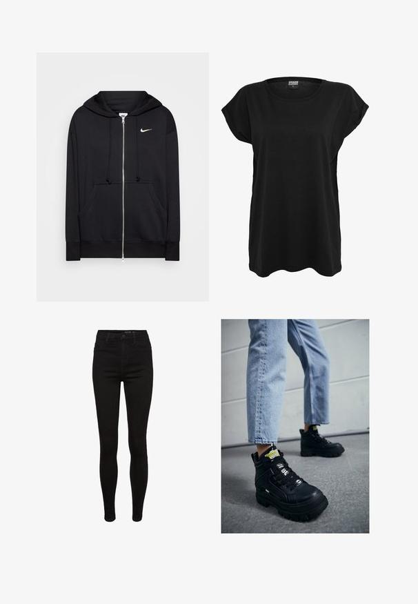 Zwarte rits hoodie van zacht materiaal, voorzien van een capuchon, zakken aan de voorkant, geribde manchetten en een klein wit Nike-logo op de borst.; Zwarte katoenen t-shirt met korte mouwen, ronde halslijn en een ontspannen pasvorm. Heeft een label op de kraag. Glad textuur en eenvoudig ontwerp.; Zwarte denim skinny jeans met een hoge taille, vijf-pocket ontwerp, riemlussen en subtiele stikdetails. Glad textuur, figuurvormende pasvorm.; Zwarte hoge sneakers met een chunky zool, voorzien van vetersluiting, logo-accenten en gele labels. Gdragend met lichtblauwe cropped jeans.