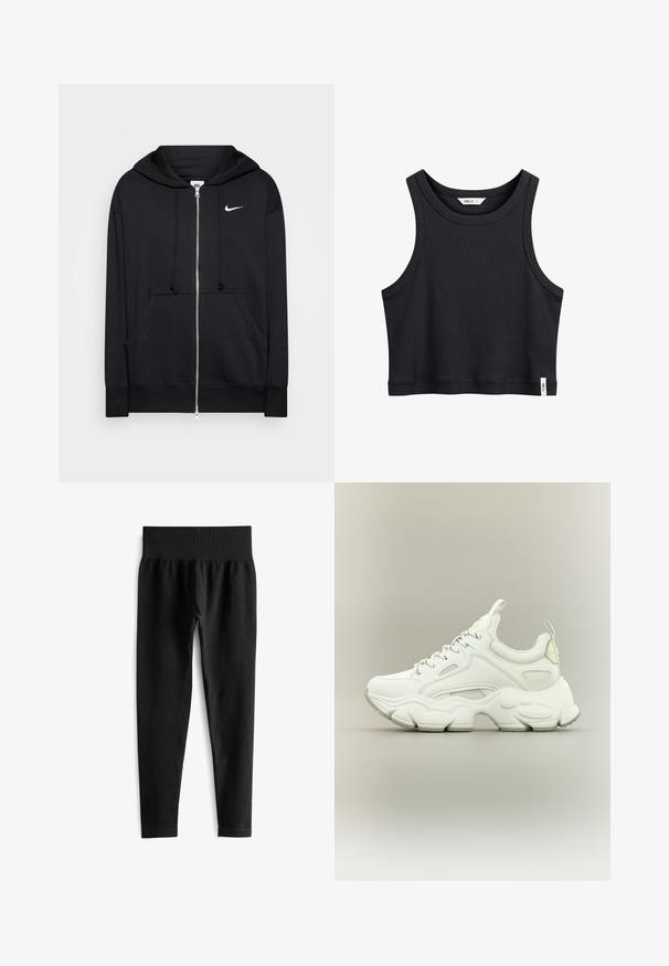 Schwarze Zip-Hoodie aus weichem Stoff, mit Kapuze, Fronttaschen, gerippten Bündchen und einem kleinen weißen Nike-Logo auf der Brust.; Schwarzes, geripptes, kurzes Tanktop mit breiten Schulterträgern, rundem Ausschnitt und kleinem weißen Markenlabel am unteren Saum.; Schwarze, gerippte Leggings mit einem breiten, elastischen Bund. Der Stoff wirkt dehnbar und strukturiert und endet knapp über dem Knöchel.; Weißer klobiger Sneaker mit dicker, strukturierter Sohle, Mesh- und Lederobermaterial, Schnürverschluss und Zuglaschen an Zunge und Ferse.