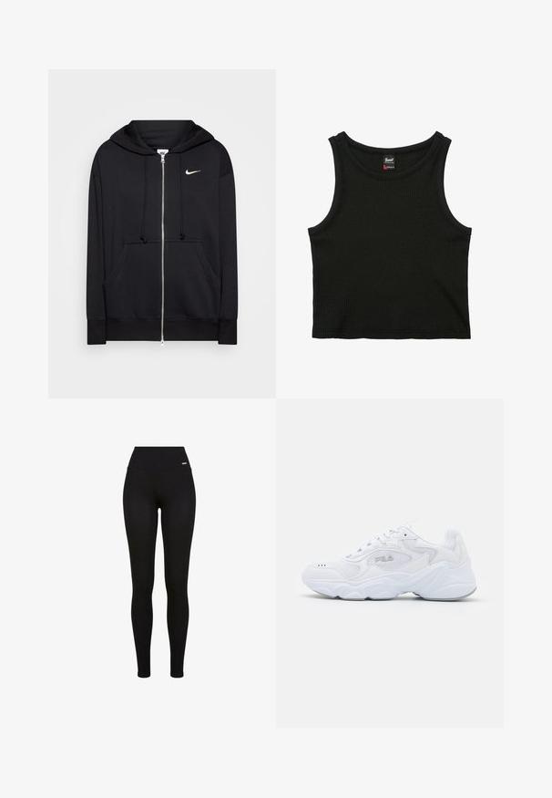 Zwarte rits hoodie van zacht materiaal, voorzien van een capuchon, zakken aan de voorkant, geribde manchetten en een klein wit Nike-logo op de borst.; Zwarte geribbelde mouwloze cropped top met ronde halslijn en klein merklipje binnenin de kraag, maat small.; Zwarte leggings met een hoge tailleband, rekbaar materiaal, een soepele textuur en een pasvorm die geschikt is voor casual of sportieve kleding.; Witte sportschoen met een gemêleerde mesh bovenzijde, gewatteerde kraag en dikke zool. Voorzien van een logo op de zijkant en vetersluiting.