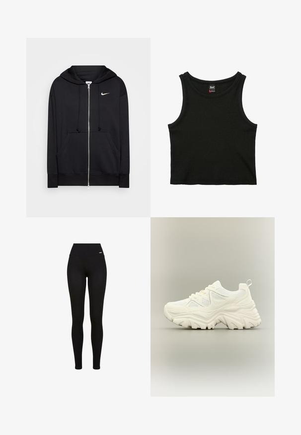 Sort zip-hoodie lavet af blødt stof, med hætte, frontlommer, ribbede manchetter og et lille hvidt Nike-logo på brystet.; Sort ribbet ærmeløs crop top med rund halsudskæring og lille mærkeetiket inde i kraven, størrelse small.; Sorte leggins med høj talje, strækbart stof, glat tekstur og en tætsiddende pasform, der er velegnet til casual eller atletisk brug.; Hvid chunky sneaker med tyk tekstureret sål, mesh paneler, snørelukning foran og trækstrop ved hælen på en neutral baggrund.