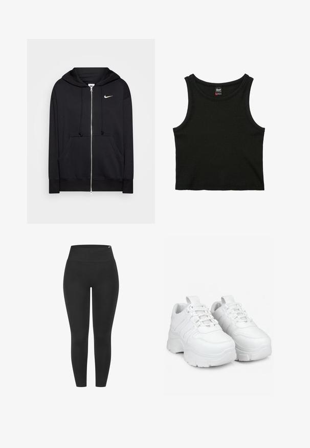 Sudadera con cremallera negra hecha de tejido suave, que cuenta con capucha, bolsillos frontales, puños acanalados y un pequeño logo blanco de Nike en el pecho.; Top corto negro acanalado sin mangas con cuello redondo y pequeña etiqueta de marca dentro del cuello, talla pequeña.; Mallas negras con una cintura alta elástica, textura suave y diseño ceñido, adecuadas para diversas actividades.; Las zapatillas blancas presentan un diseño voluminoso con una suela gruesa, paneles texturizados y un cierre de cordones. Están hechas de un material sintético suave.