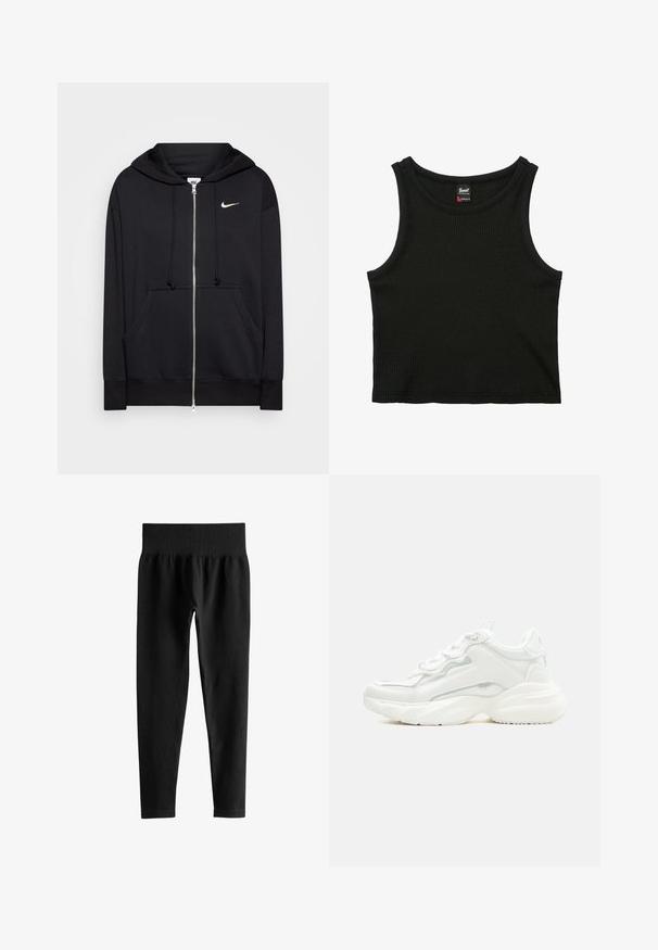 Zwarte rits hoodie van zacht materiaal, voorzien van een capuchon, zakken aan de voorkant, geribde manchetten en een klein wit Nike-logo op de borst.; Zwarte geribbelde mouwloze cropped top met ronde halslijn en klein merklipje binnenin de kraag, maat small.; Zwarte geribbelde leggings met hoge taille en brede elastische tailleband, smalle pasvorm over de volledige lengte, zonder zichtbare logo’s of patronen.; Witte chunky sneaker met dikke zool, veters aan de voorkant en een glad bovenwerk van synthetisch materiaal met subtiele stikdetails.