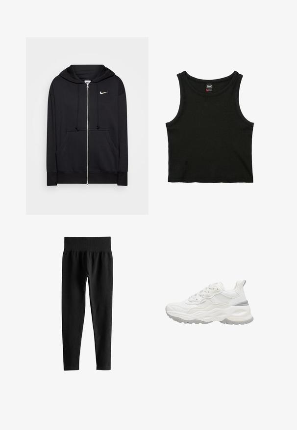 Mustikas värvi tõmblukuga kapuutsiga sviiter, millel on pehme kangas, ees taskud, ribatega mansetid ja rindkeres väike valge Nike logo.; Mustast ribiga varrukateta lühike top ümar kaelusega ja väikese kaubamärgiga sildiga krae sees, suurus väike.; Mustad soonikkud kõrge vöökohaga retuusid laia elastse vöökohaga, täispikkuses kitsas lõige, ilma nähtavate logode või mustriteta.; Valge massiivse tallaga toss, võrgust ja nahast pealmise osaga, nööpimisega ning kandmisel tõmbenupuga valgel taustal.