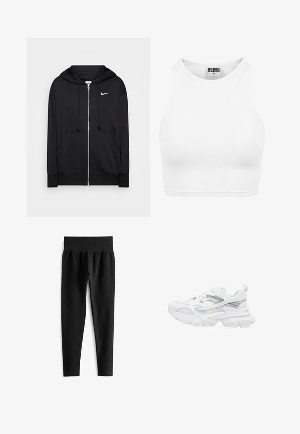 Zwarte rits hoodie van zacht materiaal, voorzien van een capuchon, zakken aan de voorkant, geribde manchetten en een klein wit Nike-logo op de borst.; Witte geribde cropped tanktop met hoge halslijn en "Urban Classics XS" label aan de binnenkant van de kraag.; Zwarte geribde legging met een brede, elastische tailleband. De stof lijkt rekbaar en gestructureerd, eindigend net boven de enkel.; Witte atletische sneaker met chunky zool, bovenwerk van mesh en synthetisch materiaal, zilveren accenten en 'BUFFALO' merk op de zijkant.