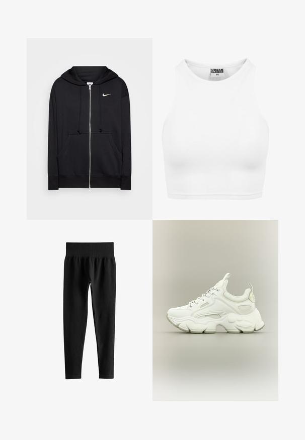 Hoodie zippé noir en tissu doux, doté d'une capuche, de poches frontales, de poignets côtelés et d'un petit logo Nike blanc sur la poitrine.; Débardeur court blanc côtelé avec col montant et étiquette "Urban Classics XS" à l'intérieur du col.; Leggings noirs côtelés taille haute avec une large ceinture élastique et des jambes slim longueur complète sur fond blanc.; Baskets blanches épaisses avec semelle épaisse texturée, dessus en mesh et cuir, fermeture à lacets et languettes sur la languette et le talon.