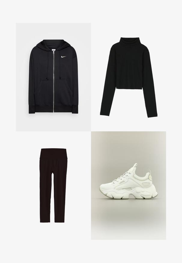 Čierna zipsová mikina z mäkkej tkaniny, s kapucňou, prednými vreckami, rebrovanými manžetami a malým bielym logom Nike na hrudi.; Even&Odd by Zalando Top s dlhým rukávom - black; Čierne legíny s vysokým pásom a dĺžkou po členky, s širokým pásom, zobrazené na bielom pozadí.; Biele robustné tenisky s hrubou textúrovanou podrážkou, sieťovinovým a koženým zvrškom, zapínanie na šnúrky a pútka na jazyku a päte.