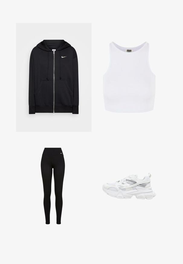 Schwarze Zip-Hoodie aus weichem Stoff, mit Kapuze, Fronttaschen, gerippten Bündchen und einem kleinen weißen Nike-Logo auf der Brust.; Weißes, geripptes, kurzes Tanktop mit breiten Trägern und einem runden Ausschnitt. Hat eine weiche Textur und ein minimalistisches Design ohne Muster.; Schwarze Leggings mit hohem Bund, dehnbarem Stoff, glatter Textur und einer enganliegenden Passform, die sowohl für die Freizeit- als auch für Sportbekleidung geeignet sind.; Weißer Sportschuh mit klobiger Sohle, Obermaterial aus Mesh und Synthetik, silbernen Akzenten und der Aufschrift "BUFFALO" an der Seite.