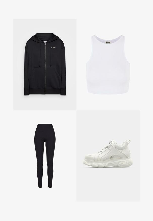 Čierna zipsová mikina z mäkkej tkaniny, s kapucňou, prednými vreckami, rebrovanými manžetami a malým bielym logom Nike na hrudi.; Biely rebrovaný krátky top s širokými ramienkami a okrúhlym výstrihom. Má jemnú textúru a minimalistický dizajn bez vzorov.; Čierne legíny s vysokým pásom, vyrobené z elastickej látky, s hladkou textúrou a priliehavým dizajnom bez viditeľných švov alebo vzorov.; Biele atletické tenisky s hladkým koženým zvrškom, zaoblenou podrážkou a textúrovaným akcentom. Obsahujú šnúrky a ťahaciu pásku na zadnej strane.