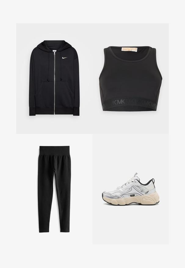 Schwarze Zip-Hoodie aus weichem Stoff, mit Kapuze, Fronttaschen, gerippten Bündchen und einem kleinen weißen Nike-Logo auf der Brust.; Schwarzer Sport-BH aus glattem Stoff, mit rundem Ausschnitt und einem elastischen Bund mit Logo-Akzent am unteren Rand.; Schwarze gerippte Leggings mit einem breiten elastischen Bund, das eine taillierte Silhouette und eine glatte Textur aufweist. Keine sichtbaren Beschläge oder Muster.; Weißer Sportschuh mit Mesh- und Synthetikpaneelen, silbernen Akzenten, klobiger cremiger Sohle und kontrastierenden schwarzen Details. Verfügt über ein Schnürsystem.