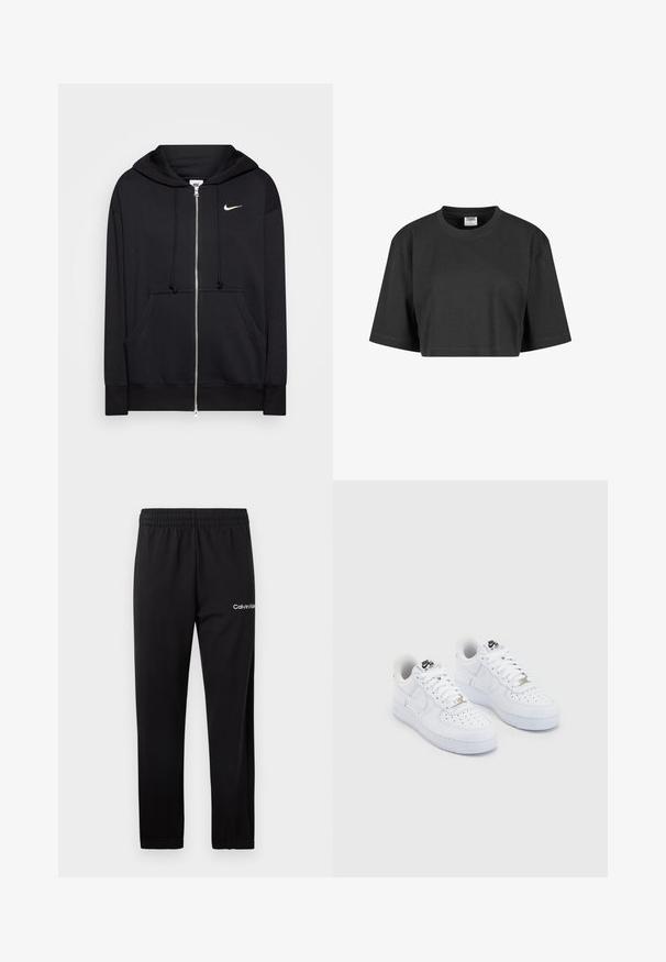 Sudadera con cremallera negra hecha de tejido suave, que cuenta con capucha, bolsillos frontales, puños acanalados y un pequeño logo blanco de Nike en el pecho.; Camiseta negra recortada de algodón, con un corte holgado, mangas cortas y un escote redondo acanalado. Sin patrones ni acentos visibles.; Pantalones deportivos negros de Calvin Klein con cinturilla elástica y logo blanco en la parte superior del muslo izquierdo, mostrados sobre un fondo blanco.; Zapatillas Nike Air Force 1 blancas con una parte superior de cuero suave, puntera perforada, cordones blancos y un logotipo negro en la lengüeta.