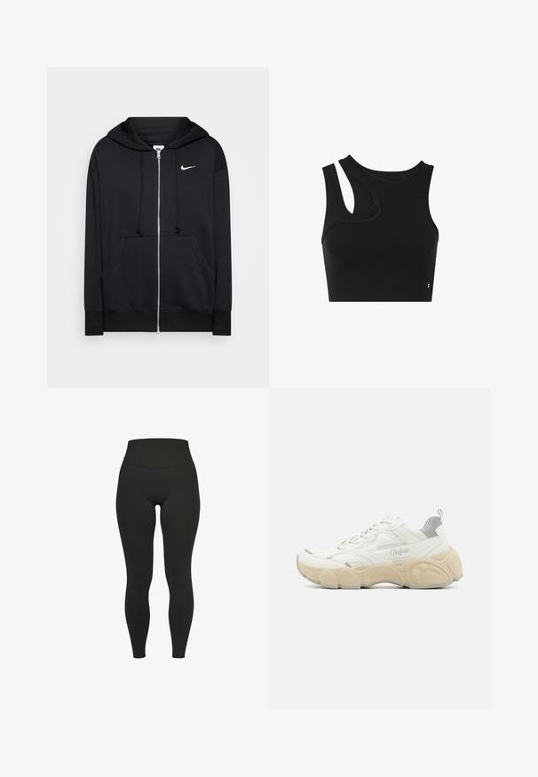 Schwarze Zip-Hoodie aus weichem Stoff, mit Kapuze, Fronttaschen, gerippten Bündchen und einem kleinen weißen Nike-Logo auf der Brust.; Schwarzes ärmelloses Croptop mit asymmetrischem Schulterausschnitt auf der linken Seite, entworfen für sportliche oder legere Kleidung.; Schwarze, hoch taillierte Leggings in voller Länge mit breitem elastischem Bund, dargestellt vor weißem Hintergrund.; Weißer Sneaker mit Obermaterial aus Mesh und glattem Leder, ausgestattet mit einem gepolsterten Schaft, einer strukturierten Gummisohle und dezenten metallischen Akzenten.