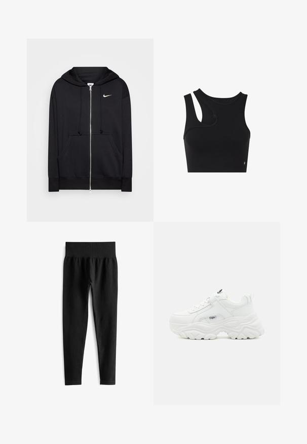 Schwarze Zip-Hoodie aus weichem Stoff, mit Kapuze, Fronttaschen, gerippten Bündchen und einem kleinen weißen Nike-Logo auf der Brust.; Schwarzes ärmelloses Croptop mit asymmetrischem Schulterausschnitt auf der linken Seite, entworfen für sportliche oder legere Kleidung.; Schwarze, gerippte Leggings mit einem breiten, elastischen Bund. Der Stoff wirkt dehnbar und strukturiert und endet knapp über dem Knöchel.; Weiße klobige Sneakers mit einem glatten Lederobermaterial, abgerundetem Zehenbereich und dicker, strukturiertem Sohle mit einem sichtbaren Logo der Marke an der Seite.