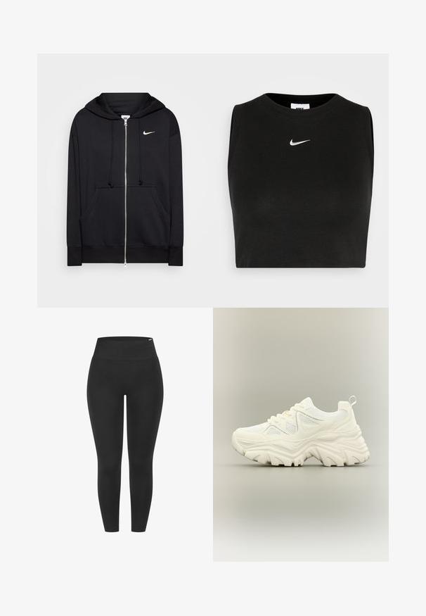 Sudadera con cremallera negra hecha de tejido suave, que cuenta con capucha, bolsillos frontales, puños acanalados y un pequeño logo blanco de Nike en el pecho.; Top corto negro sin mangas hecho de material acanalado, con cuello redondo y un pequeño logo blanco de Nike en el pecho.; Mallas negras con una cintura alta elástica, textura suave y diseño ceñido, adecuadas para diversas actividades.; Zapatilla blanca gruesa con suela gruesa y texturizada, paneles de malla, cierre de cordones en la parte delantera y tira en el talón sobre un fondo neutro.