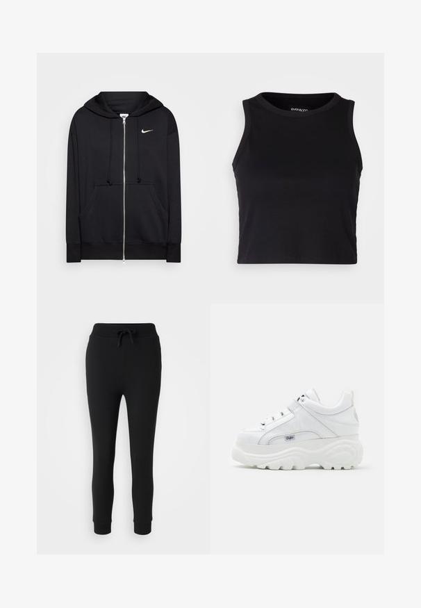 Sudadera con cremallera negra hecha de tejido suave, que cuenta con capucha, bolsillos frontales, puños acanalados y un pequeño logo blanco de Nike en el pecho.; Top corto negro de canalé con cuello redondo y diseño sin mangas. Fabricado en una tela suave y elástica, cuenta con bordes limpios y rematados.; Even&Odd Petite Pantalones deportivos - black; Zapatillas de plataforma blancas hechas de material sintético brillante, con diseño de cordones, cuello acolchado y acento de marca en el lateral.