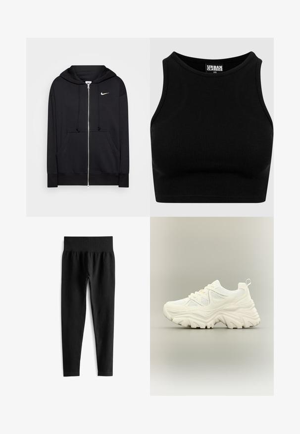 Schwarze Zip-Hoodie aus weichem Stoff, mit Kapuze, Fronttaschen, gerippten Bündchen und einem kleinen weißen Nike-Logo auf der Brust.; Schwarzes geripptes Cropped-Top mit rundem Ausschnitt und ärmellosem Design. Hergestellt aus einem dehnbaren, strukturierten Stoff. Etikett mit der Aufschrift "Urban Classics."; Schwarze gerippte Leggings mit einem breiten elastischen Bund, das eine taillierte Silhouette und eine glatte Textur aufweist. Keine sichtbaren Beschläge oder Muster.; Weißer klobiger Sneaker mit dicker strukturierter Sohle, Mesh-Einsätzen, Schnürung vorne und Zuglasche an der Ferse auf neutralem Hintergrund.