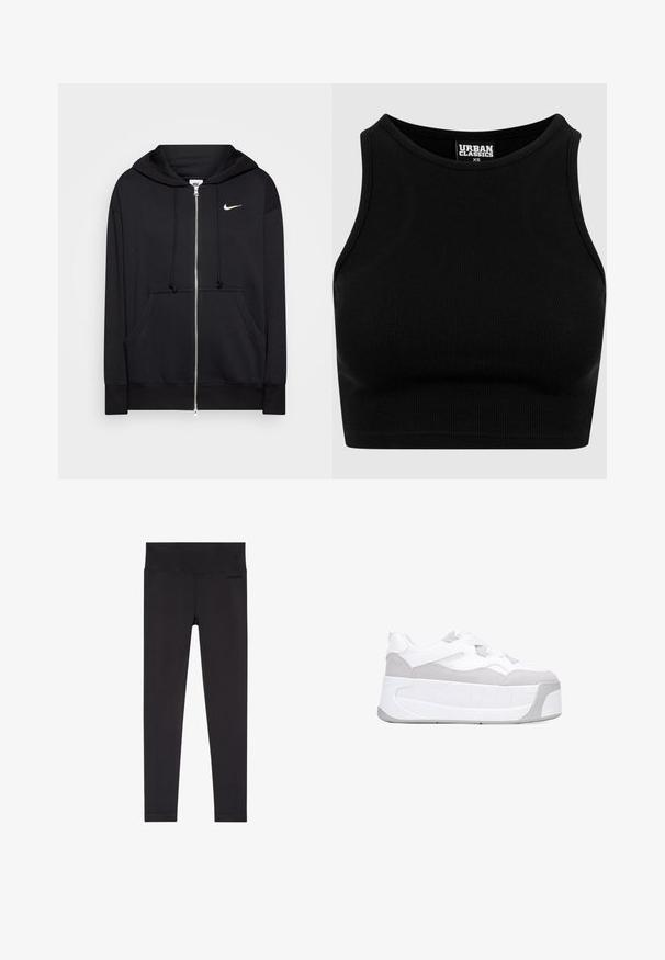 Sudadera con cremallera negra hecha de tejido suave, que cuenta con capucha, bolsillos frontales, puños acanalados y un pequeño logo blanco de Nike en el pecho.; Top corto negro de canalé con escote redondo y diseño sin mangas. Confeccionado con una tela elástica y texturizada. La etiqueta dice "Urban Classics."; Leggings negros acanalados con una cinturilla ancha y una textura suave. Sin patrones ni detalles metálicos destacados. Diseño de longitud completa.; Zapatilla blanca con paneles de ante gris y texturizados, con una suela gruesa y cordones suaves. Forma redondeada y acentos troquelados en los laterales.