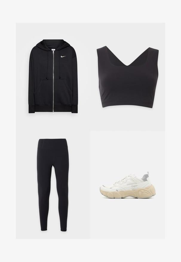 Sort zip-hoodie lavet af blødt stof, med hætte, frontlommer, ribbede manchetter og et lille hvidt Nike-logo på brystet.; Sort ærmeløs crop top med brede stropper og dyb V-hals på en ensfarvet lys baggrund.; Sorte højtaljede, fuldlængde leggings med glat finish, vist fladt på en ensfarvet hvid baggrund uden synlige logoer eller mønstre.; Hvide sneakers med mesh og glat læderoverdel, der har en polstret krave, tekstureret gummisål og diskrete metalliske accenter.