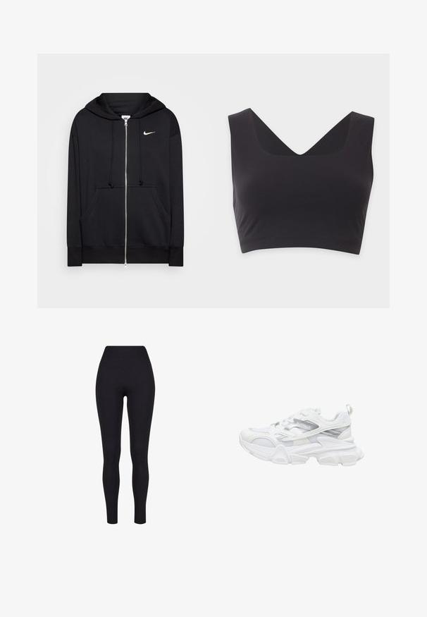 Schwarze Zip-Hoodie aus weichem Stoff, mit Kapuze, Fronttaschen, gerippten Bündchen und einem kleinen weißen Nike-Logo auf der Brust.; Schwarzes ärmelloses Crop-Top mit breiten Trägern und tiefem V-Ausschnitt auf einfarbig hellem Hintergrund.; Schwarze hochgeschnittene Leggings aus dehnbarem Material, mit glatter Textur und figurbetontem Design, ohne sichtbare Nähte oder Muster.; Weißer Sportschuh mit klobiger Sohle, Obermaterial aus Mesh und Synthetik, silbernen Akzenten und der Aufschrift "BUFFALO" an der Seite.