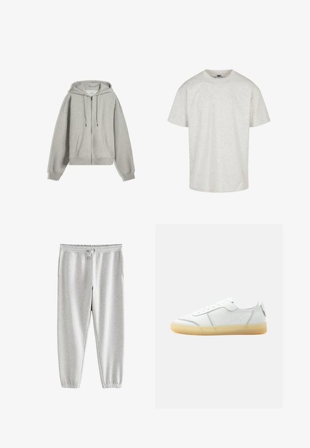 Grå zip-up hættetrøje lavet af blød bomuldsblanding. Har en stor hætte, snore og sidelommer. Løs pasform med ribstrik ved håndleddene.; Lys grå bomulds T-shirt med kortærmer, rund halsudskæring og afslappet pasform. Tekstureret stof med et subtilt meleret mønster.; Next Træningsbukser - grey; Hvid lavtop læder sneaker med beige gennemsigtig sål, snørelukning foran og minimal syning, vist fra siden mod en ensfarvet baggrund.